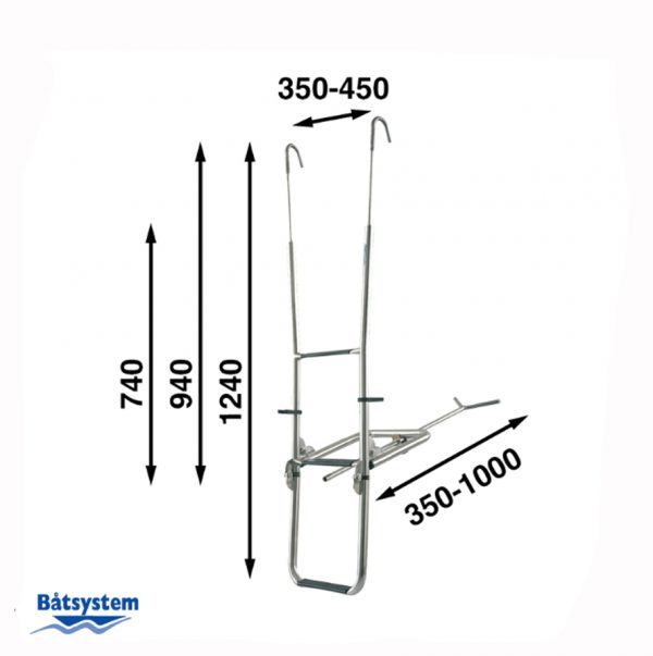 A long stainless steel boat ladder with dimensions outlined.